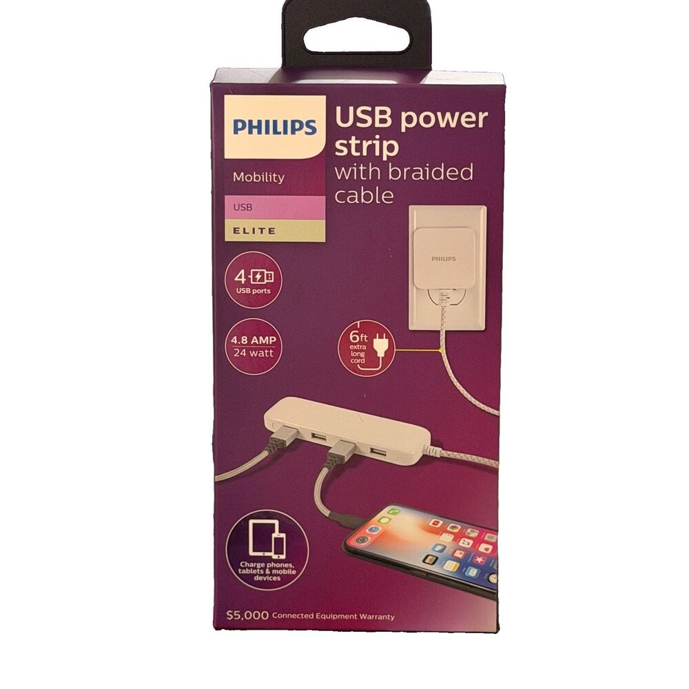 Philips 24W USB Extension Cord Power Strip Charging Station 4 USB PORTS CABLE